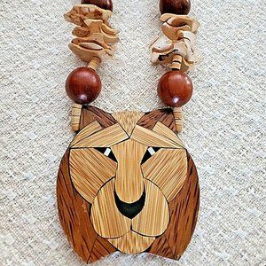 Unique & Unusual Inlaid Wood Lion Beaded Statement Necklace ~ Handcrafted